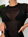 SHEIN Swim Classy Women'S Black Sheer Fashionable Cover Up