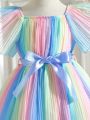 SHEIN Kids FANZEY Young Girls' Summer New Arrival Chiffon Multicolor Gradient Pleated Dress