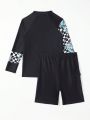 Boys' Swimming Two Piece Set, Alphabet/Dinosaur/Black And White Plaid Print