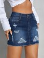 High Waist Ripped Bodycon Denim Midi Skirt