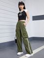 Teen Girls' Casual Basic Patchwork Weaved Straps Cargo Pants