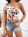 SHEIN VCAY Women's Vacation Style Floral Print One-shoulder Ruffle Trim Top With Decorative Edge