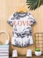 SHEIN Baby Boy Floral & Letter Graphic Striped Trim Tee & Shorts
