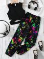 SHEIN Kids HYPEME Cut Out Tank Top & Splash Ink Print Pant