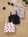SHEIN Baby Girls' Casual Cute Heart Patterned Tank Top Set, 3pcs