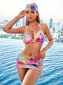 SHEIN Swim Y2GLAM Women'S Tie Dye Halter Neck Swimsuit Set