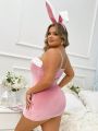 Women's Plus Size Sexy Fitted Spaghetti Strap Costume Dress With Plush Edging And Color Block Design