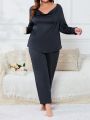 Plus Draped Collar Lettuce Trim PJ Set