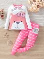 Toddler Girls' Cute Animal & Letter Printed Top And Stripe Pants 2pcs Homewear Set