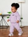 SHEIN Baby Girl Letter Patched Kangaroo Pocket Teddy Hoodie & Pants