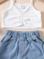 SHEIN Kids EVRYDAY Little Girls' Ribbed Bowknot Tank Top And Jeans Set