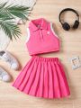 SHEIN Kids Nujoom Toddler Girls' 2pcs Preppy Style Sleeveless Heart Print Shirt With Collar & Pleated Skirt Summer Outfits