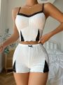 Contrast Lace Ruched Bust Cami Top & Bow Front Shorts PJ Set