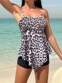 SHEIN Swim Classy Women's Leopard Print Pleated Tankini Top