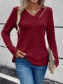 Solid Color Ribbed Knit Hollow Out T-Shirt With Asymmetrical Neckline