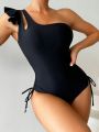 Ladies' Solid Color Ruffled Drawstring One-piece Swimsuit