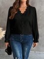 Plus Size Solid Color V-neck Lantern Sleeve Shirt With Lace Hem, Fashionable