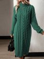 SHEIN LUNE High Neck Drop Shoulder Split Hem Cable Knit Sweater Dress