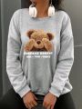 Plus Size Women's Oversized Bear Slogan Printed Long Sleeve Round Neck Sweatshirt