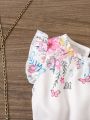 SHEIN Kids SUNSHNE Little Girls' 2pcs Flower Patterned Top And Shorts Set With Ruffled Hem