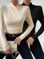 SHEIN Essnce 2pcs Stand Collar Criss-cross Design Solid Color Long Sleeve T-shirt