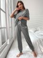 Slogan Graphic Tee & Drawstring Waist Pants Lounge Set