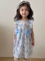 Little Girls' Floral Printed Dress With Ruffle Trim And Bowknot Decoration