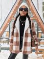 SHEIN Kids Cooltwn Tween Girl Buffalo Plaid Pattern Lapel Collar Coat