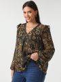 Pamile Plus Size Floral Print V-neck Long Sleeve Blouse