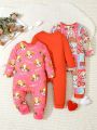 Baby Girls' Cute Dog & Letter Print Long Sleeve 3-Pack Jumpsuit