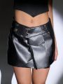 SHEIN ICON Solid PU Leather Wrap Skirt