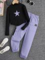 SHEIN Kids HYPEME Big Girls' Cool Knit Five-Pointed Star Print Stand Collar Long Sleeve T-Shirt And Pants Sports Outfit With Patchwork