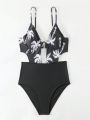 SHEIN Swim BAE Coconut Tree Print Patchwork Underwired Cutout One-Piece Swimsuit