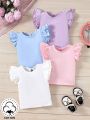 SHEIN 4pcs/Set Infant Girls' Casual Simple Round Neck Top With Comfortable Ruffles Edge, Perfect For Spring-Summer Outfits