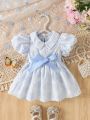 Baby Girl Peter Pan Collar Bubble Short Sleeve Jacquard Dress