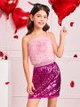 SHEIN Kids FANZEY Big Girls' Fuzzy Spaghetti Strap Tank Top With Sequin Detailing And Skirt Set