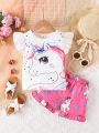 SHEIN Kids QTFun Two-Piece Set For Girls, Cute Casual Ladylike Unicorn Print Round Neck, Flying Sleeves And Shorts Set For Summer