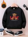 Boys' Cartoon Bear Letter Printed Fleece Hoodie