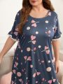 Plus Heart Print Lace Trim Ruffle Hem Nightdress