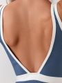 SHEIN Swim SPRTY Ladies' Color Block & Border Design One-Piece Swimsuit