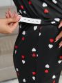 Maternity Heart Printed Contrast Piping Pajama Set