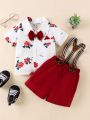 Toddler Boys' Gentlemen Outfit With Floral Printed Short Sleeve Shirt And Suspenders Short Pants