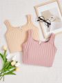 SHEIN Kids EVRYDAY Girls' Knitted Solid Color Slim-Fit Sleeveless Top With Notched Neckline Two-Piece Set