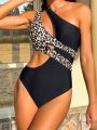 SHEIN Swim Vcay Leopard Print Cutout One Shoulder Swimsuit With Knot Detail