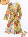 SHEIN Swim Vcay Women's Vintage Belted Kimono With Floral Print