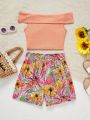 SHEIN Teen Girl Floral Print High-Waisted Shorts & Solid Color One Shoulder Top Outfit Set, For Vacation