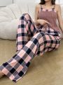 Women's Plaid Pattern Camisole Top And Pants Pajama Set