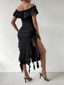 SHEIN BAE Women's Ruffle Hem Pleated Split Maxi Dress
