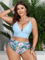 SHEIN Swim Vcay Ladies' Plus Size Solid Color V-Neck Top And Tropical Print Bottom Bikini Swimsuit Set