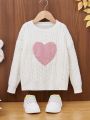 SHEIN Young Girl Heart Pattern Cable Knit Drop Shoulder Sweater